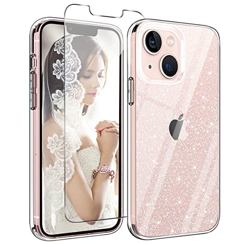 Vauki Hülle für iPhone 13 mit 1 Stück Schutzfolie Handyhülle Silikon TPU Glitzer Bling Durchsichti mit Motiv Transparente Case Stoßfeste für iPhone 13 von Vauki