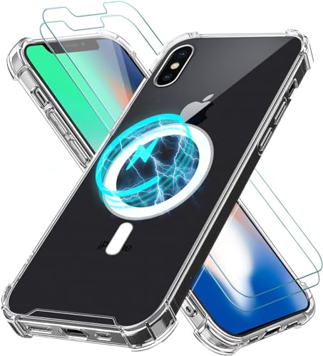 Vauki Hülle für iPhone X/XS Kompatibel mit MagSafe mit 2 Displayschutz Schutzfolie, Transparente Weiche TPU Silikon Handyhülle mit Magnetisch Kabellosem Laden Schutzhülle HD Case Cover für iPhone XS von Vauki