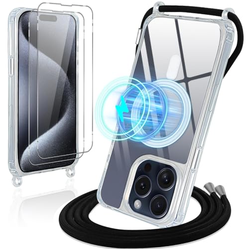 Vauki Magnetisch Hülle für iPhone 15 Pro mit Band, mit 2 Stück Schutzfolie,Kompatibel mit MagSafe, Handyhülle Durchsichtig Dünn Silikon mit Handykette Kordel für iPhone 15Pro, Schwarz Vauki Magnetisch Hülle für iPhone 15 Pro mit Band, mit 2 Stück Schutzfolie,Kompatibel mit MagSafe, Handyhülle Durchsichtig Dünn Silikon mit Handykette Kordel für iPhone 15Pro, Schwarz von Vauki