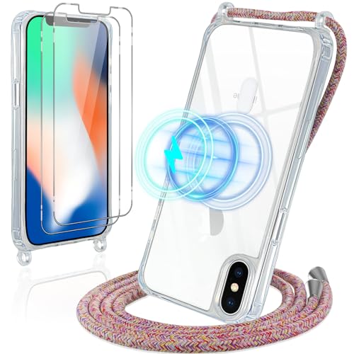 Vauki Magnetisch Hülle für iPhone XS/X mit Band, Kompatibel mit MagSafe, Handyhülle Durchsichtig Dünn Silikon mit Handykette Kordel, Stoßfest Schutzhülle für iPhone XS, Regenbogen von Vauki