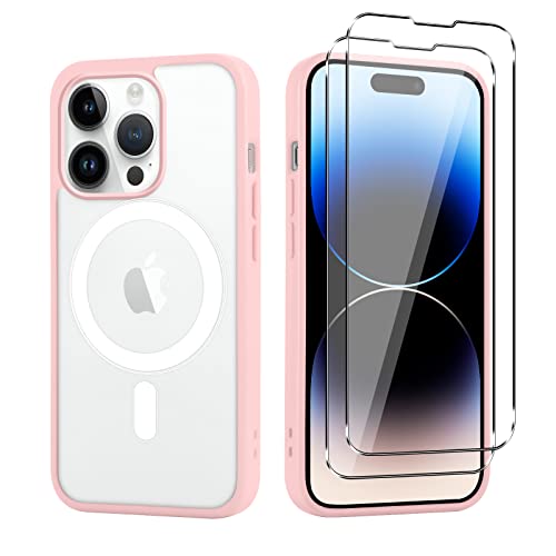 Vauki Magnetische Transparente Hülle für iPhone 14 Pro mit MagSafe Aufladen mit 2 Stück für Schutzfolie, Stoßfeste Anti-Fingerabdruck Slim Cover, Harte PC Back und Weich Silicone TPU Edge, Rosa von Vauki