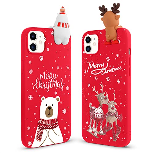 Vauki Weihnachten Hülle für iPhone 12/iPhone 12 Pro [2er-Pack], Rot Silikon Weiche HandyHülle Weihnachts Case mit 3D Puppe Gemusterte Elch Eisbär Hülle für Mädchen für iPhone 12 von Vauki