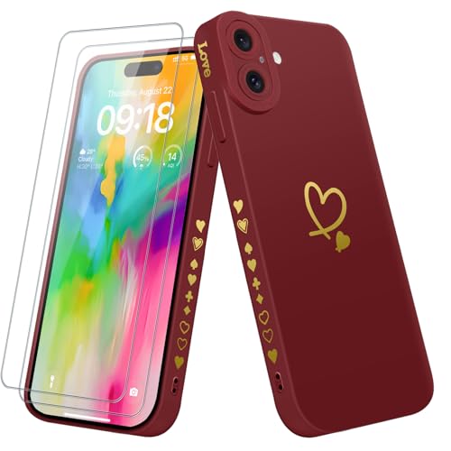 Vauki für iPhone 16 6.1" Hülle mit Schutzfolie 2 Stück, Herz Motiv Handyhülle Ultra Dünn Weich Silikon Stoßfest Kratzfest Schutzhülle, Love Muster Frauen Protective Case for iPhone16, Rot Vauki für iPhone 16 6.1" Hülle mit Schutzfolie 2 Stück, Herz Motiv Handyhülle Ultra Dünn Weich Silikon Stoßfest Kratzfest Schutzhülle, Love Muster Frauen Protective Case for iPhone16, Rot von Vauki