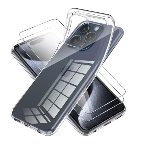 Vauki für iPhone 15 Pro Hülle Durchsichtig mit Schutzfolie 2 Stück,Ultra Dünn Silikon TPU Handyhülle Transparent Nie Vergilbung,Slim Soft Stoßfeste Schutzhülle für iPhone 15Pro von Vauki