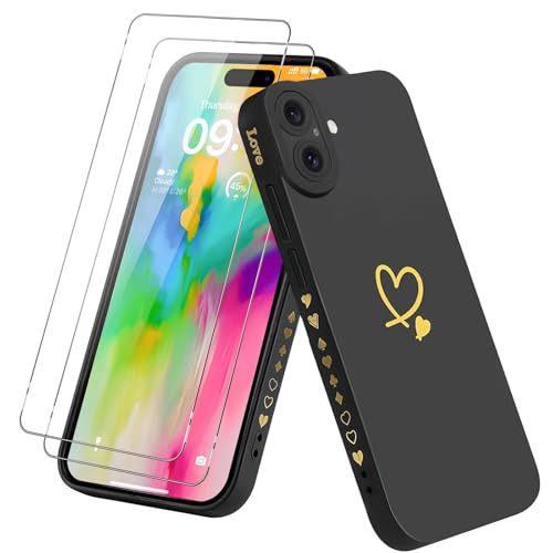 Vauki für iPhone 16 Plus 6.7" Hülle mit Schutzfolie 2 Stück, Herz Motiv Handyhülle Ultra Dünn Weich Silikon Stoßfest Kratzfest Schutzhülle, Love Muster Frauen Protective Case for iPhone 16Plus,Schwarz Vauki für iPhone 16 Plus 6.7" Hülle mit Schutzfolie 2 Stück, Herz Motiv Handyhülle Ultra Dünn Weich Silikon Stoßfest Kratzfest Schutzhülle, Love Muster Frauen Protective Case for iPhone 16Plus,Schwarz von Vauki