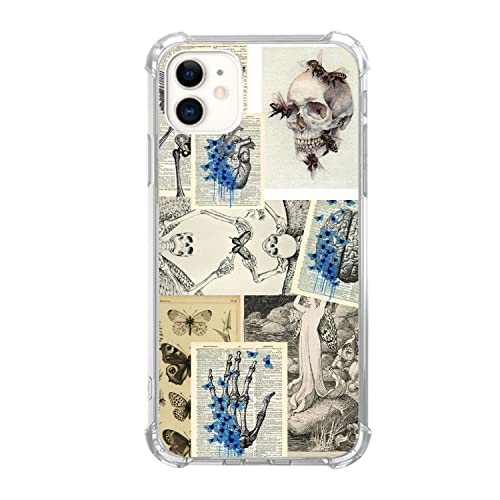 Veakgpligo Totenkopf und blauer Schmetterling Handyhülle kompatibel mit iPhone 12, Vintage Zeitung Totenkopf Knochen Handyhülle für Mädchen Frauen Herren, einzigartige weiche TPU Bumper Case Cover von Veakgpligo
