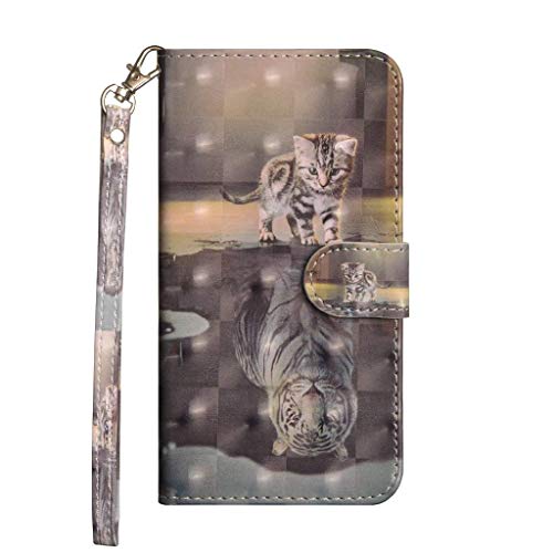 Veapero Hülle Samsung Galaxy A7 2018 Handyhülle Case Kunstleder PU Leder Hülle Wallet Tasche Soft TPU Innere Schutzhülle Schale Ständer Kartenfach Magnetverschluss Brieftasche,Katze im Spiegel von Veapero