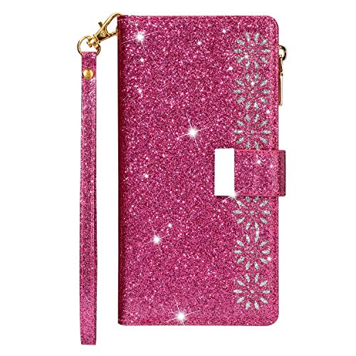 Veapero Kompatibel für Handyhülle Samsung Galaxy S20 FE Hülle Schutzhülle Funkeln Hollow Bling Glitter Wallet Case Tasche PU Handyschale Brieftasche Flipcase Kartenfach Stand Magnetische,Rosenrot von Veapero