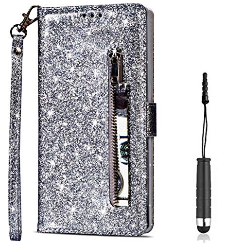 Vectady für Huawei P20 Hülle, Lederhülle Schutzhülle Tasche Leder Handyhülle für Huawei P20 Handytasche Case Glitzer Hüllen mit Kartenfach Leder Cover Ledertasche für Huawei P20 - Silber von Vectady