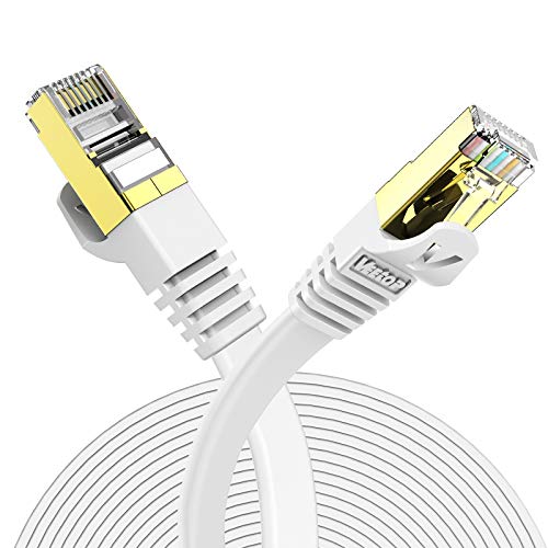 Veetop 15m Lan Kabel Cat 7 Netzwerkkabel Flach für 10 Gigabit Ethernet mit vergoldetem RJ45. Weiß von Veetop