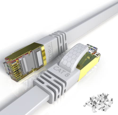 Veetop LAN Kabel 10meter Cat 8 Kabel Netzwerkkabel Ethernet Kabel Flach und Dünn Mit 40 Gbps High Speed Übertragungsrate und vergoldetem RJ45. Internetkabel 10m Weiß von Veetop