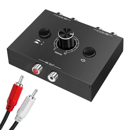 Stereo Audio Bidirektionaler Umschalter 2(1)-IN-1(2)-Out, Analog Stereo Umschalter Mit Volume Knopf Mute Button, R/L-Stereo-Audio-Schalter Splitter, Stereo-Audio-Schalter Für Radio Phono Kopfhörer PC von Vegena