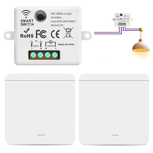 Vegena Funk Lichtschalter, 2 Stück Funk-Schalter Set, Funkschalter Licht, Funkschalter Set Funkschalter Licht Für Lampe Funk-Wandschalter Bis 20-100m Reichweite, Keine Verkabelung Erforderlich von Vegena