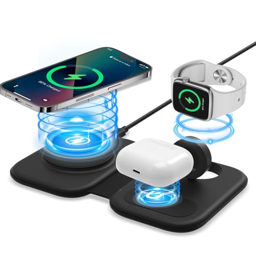 Ladegerät 3 in 1 Ladestation Faltbares Kabelloses Reiseladegerät Induktive Ladestation Wireless Magsafe Station Charge Ständer Kompatibel für iPhone 15/14/13/12 Pro Max Plus Watch AirPods(Schwarz) von Vehoukli
