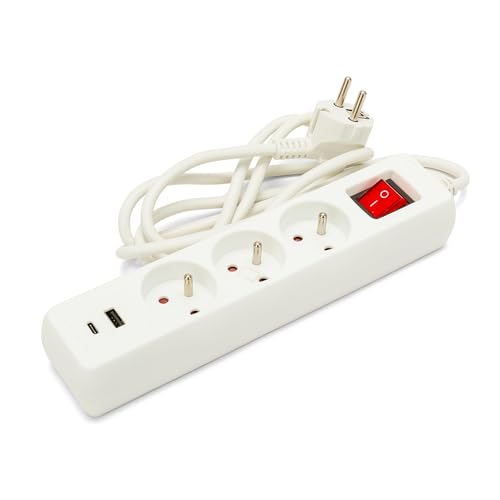 Französische Steckdose, 3 Ausgänge 2P+T und 2 USB-Anschlüsse, 1,5 m Kabel von Velamp