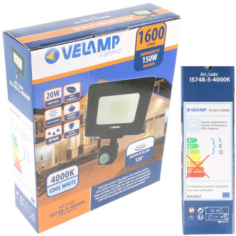 Velamp PADLIGHT5, SMD 20W IP44 LED-Strahler, schwarz, 4000K. Mit IR-Sensor. von Velamp