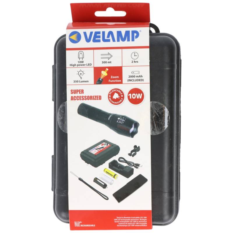 Velamp Steel 10W wiederaufladbare LED-Taschenlampe mit viel Zubehör in Hartschale 150lm Li-Ion von Velamp
