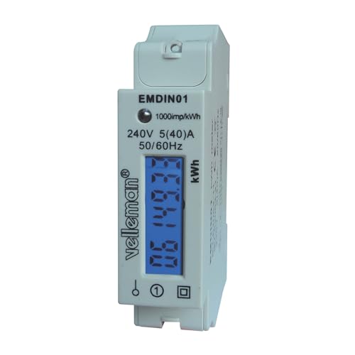 Velleman Stromzähler 1 Phase, 1 Phasen Stromzähler, digitaler Stromzähler Hutschiene, Stromzähler Hutschiene 1 phasig, Zähler für Hutschiene, LCD-Anzeige, LED, max. 40 A von Velleman
