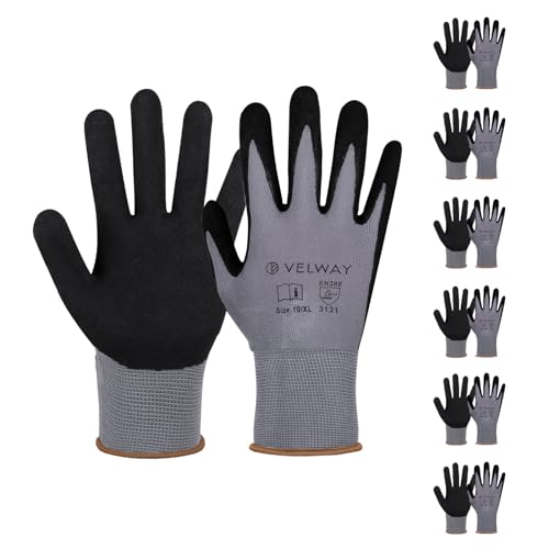 Velway 6 Paar Arbeitshandschuhe Mechaniker Handschuhe Männer - Größe 9 Nylon Nitrilbeschichtet Gartenhandschuhe Frauen - Rutschfeste Bauhandschuhe Leichte Atmungsaktive EN388 Handschuhe - Grau Velway 6 Paar Arbeitshandschuhe Mechaniker Handschuhe Männer - Größe 9 Nylon Nitrilbeschichtet Gartenhandschuhe Frauen - Rutschfeste Bauhandschuhe Leichte Atmungsaktive EN388 Handschuhe - Grau von Velway