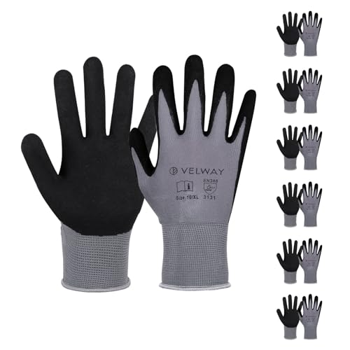 Velway 6 Paar Arbeitshandschuhe Mechaniker Handschuhe Männer - Größe 10 Nylon Nitrilbeschichtet Gartenhandschuhe Frauen - Rutschfeste Bauhandschuhe Leichte Atmungsaktive EN388 Handschuhe - Grau Velway 6 Paar Arbeitshandschuhe Mechaniker Handschuhe Männer - Größe 10 Nylon Nitrilbeschichtet Gartenhandschuhe Frauen - Rutschfeste Bauhandschuhe Leichte Atmungsaktive EN388 Handschuhe - Grau von Velway