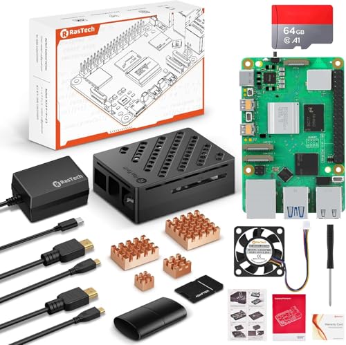 RasTech Raspberry Pi 5 8GB Starter Kit mit 64GB SD-Karte Pi 5 Gehäuse mit PWM Lüfter Typ-C 5.1V 5A Netzkabel 4 Goldene Kühlkörper 2 Micro HDMI-Kabel SD Kartenleser SD-Kartenadapter Screwdriver von Vemico