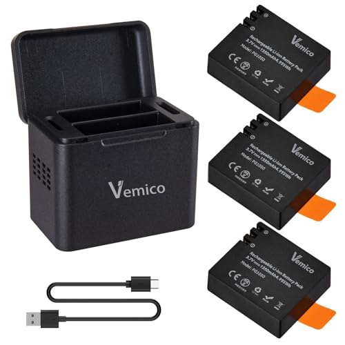 Vemico Action Cam Akku Ladegerät Kit 3 x 1350mAh PG1050 Akku mit Dual Ladegerät Kompatibel mit Action Cam/Sjcam/Apexcam/Victure/Campark/Akaso/Apeman/Nilox/Crosstour/Dbpower/Eken/Wolfang/SJ4000/PG900 von Vemico