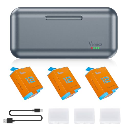 Vemico Hero 10 Akku Ladegerät Kit 3 Pack 1800mAh Hero12 akku Typ-C LED 3-Kanal Ladegerät AHDBT-901 für GoPro Hero 12 Black/GoPro Hero 11 Black/GoProHero 10 Black/GoPro Hero 9 Black von Vemico