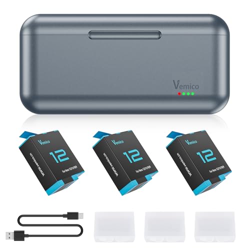 Vemico Hero 12 Akku Ladegerät Kit 3 x 1800mAh Hero11 akku Typ-C LED 3-Kanal Ladegerät AHDBT-901 für GoPro Hero 9 Black/GoPro Hero 10 Black/GoProHero 11 Black/GoPro Hero 12 Black von Vemico