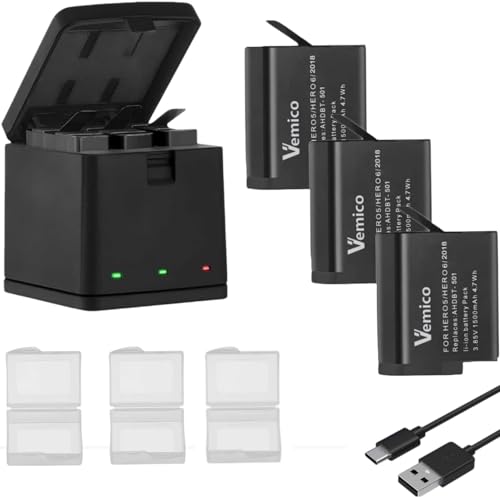 Vemico Hero 7/6/5 Akku Ladegerät Kit 3 Pack 1500mAh Ersatzakkus Typ-C LED 3-Kanal Ladegerät für GoPro Hero 7 Black/Hero 6 Black/Hero 5 Black/Gopro 2018/ AHDBT-501 (Vollkompatibel mit Original) von Vemico