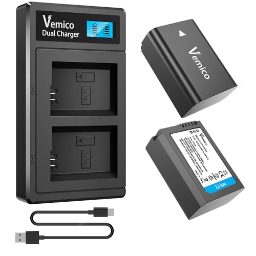 Vemico NP-FW50 Akku Ladegerät Kit 2 Pack 1200mAh Ersatzakku Typ C Dual LCD Ladegerät für Sony A7/A7 II/A7 RII/A7 SII/A6500/A6400/A6300/A6000/ ZV-E10 (Vollkompatibel mit Original) von Vemico