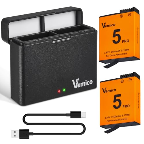 Vemico OSMO Action 5 Pro/4/3 Akku Ladegerät Kit 2 Pack 2100mAh Ersatzakkus Typ C USB Doppelt Kanäle LED Ladegerät für OSMO Action 5 Pro/OSMO Action 4/OSMO Action 3 Kamera Vemico OSMO Action 5 Pro/4/3 Akku Ladegerät Kit 2 Pack 2100mAh Ersatzakkus Typ C USB Doppelt Kanäle LED Ladegerät für OSMO Action 5 Pro/OSMO Action 4/OSMO Action 3 Kamera von Vemico