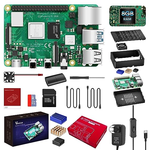 Vemico Raspberry Pi 4 8GB Kit Raspberry Pi 4B 8GB RAM 8GB 32GB SD-Karte 2 Micro HDMI-Kabel Typ-C 5V 3A Netzkabel mit Schalter Schwarz ABS-Gehäuse 3 Kühlkörper Radiator USB Kartenleser Lüfter von Vemico