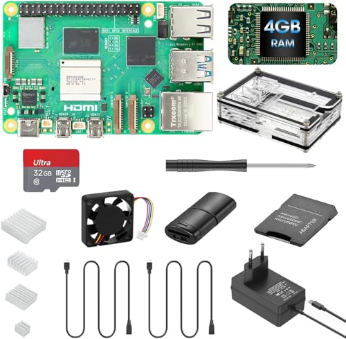 Vemico Raspberry Pi 5 4GB RAM Raspberry Pi 5 Starter Kit 32GB SD-Karte PWM-Lüfter Typ-C 5V 5A Netzkabel Acryl Gehäuse 4 Aluminium Kühlkörper 2 Micro HDMI-Kabel USB Kartenleser ABS Adapter von Vemico