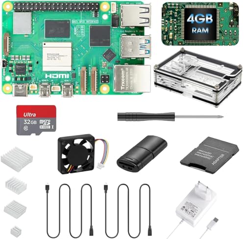 Vemico Raspberry Pi 5 4GB RAM Raspberry Pi 5 Starter Kit 32GB SD-Karte PWM-Lüfter Typ-C 5V 5A Netzkabel Acryl Gehäuse 4 Aluminium Kühlkörper 2 Micro HDMI-Kabel USB Kartenleser ABS Adapter von Vemico