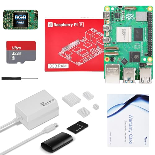 Vemico Raspberry Pi 5 8GB Kit mit 32GB Karte Typ-C 5.1V 5A Netzteil 4 Kühlkörper Kartenadapter Screwdriver Garantiekarte Vemico Raspberry Pi 5 8GB Kit mit 32GB Karte Typ-C 5.1V 5A Netzteil 4 Kühlkörper Kartenadapter Screwdriver Garantiekarte von Vemico