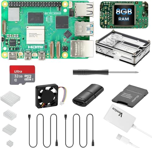 Vemico Raspberry Pi 5 8GB RAM Raspberry Pi 5 Starter Kit 32GB SD-Karte PWM-Lüfter Typ-C 5V 5A Netzkabel Acryl Gehäuse 4 Aluminium Kühlkörper 2 Micro HDMI-Kabel USB Kartenleser ABS Adapter von Vemico