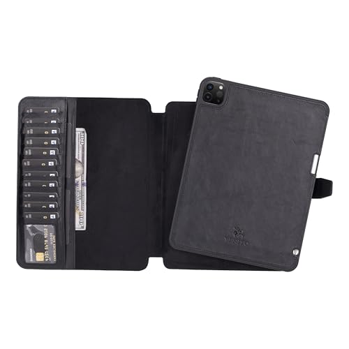 VENITO PARMA Premium Lederhülle für iPad Pro 11 Zoll M4 (2024) mit Stifthalter, handgefertigt, Kickstand, abnehmbare Brieftasche, Vollnarbenleder, kompatibel mit Apple Pencil (USB-C), Schwarz von Venito