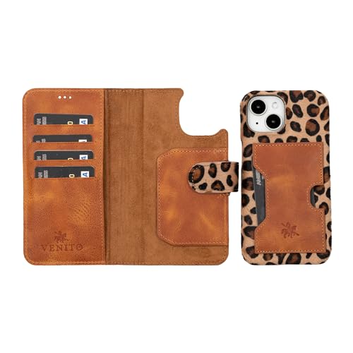 Venito Florence Hülle kompatibel mit iPhone 15 Wallet Case Leder Folio Case mit RFID-blockierendem Magnetverschluss Abnehmbare Handyhülle (pelziger Leopard) von Venito