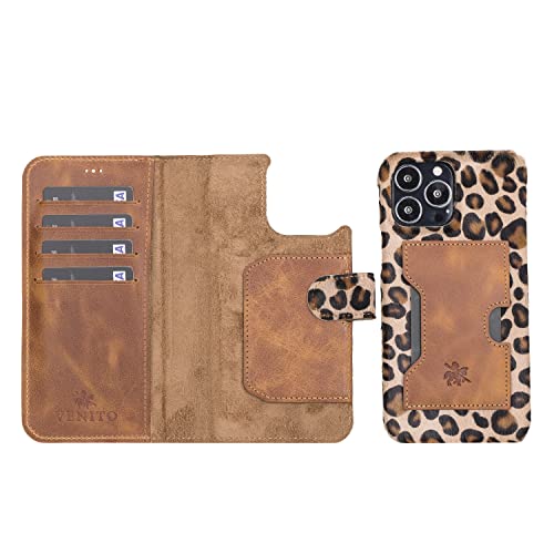 Venito Hülle Kompatibel mit iPhone 14 Pro Wallet Case iPhone 14 Pro Leder Folio Case mit RFID Blocking Magnetverschluss Abnehmbare iPhone Wallet für iPhone 14 Pro (Furry Leopard) von Venito