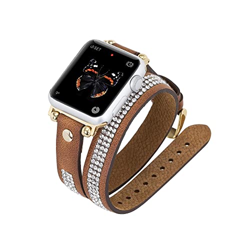 Venito Livorno Double Wrap Leder Slim Uhrenarmband mit Strass Kompatibel mit Apple Watch 42 mm 44 mm 45 mm 49 mm für Apple Watch Serie 1 2 3 4 5 6 7 SE 8 Ultra Sport – Antikbraun mit goldfarbenem von Venito