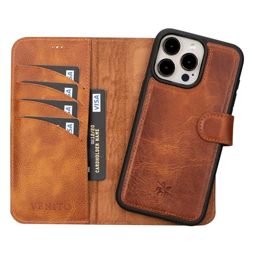 Venito Ravenna Slim Magic Leather Wallet Case Compatible with iPhone 15 Pro Max Case Detachable Phone Cover (Antique Brown) von Venito