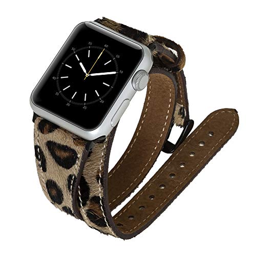 Venito Serena Uhrenarmband aus Leder, schmal, doppelt gewickelt, kompatibel mit Apple Watch iWatch Serie 1, 2, 3, 4, 5, 6, 7, SE (pelziger Leopard mit schwarzen Edelstahl-Hardware, 38 mm - 40 mm) von Venito