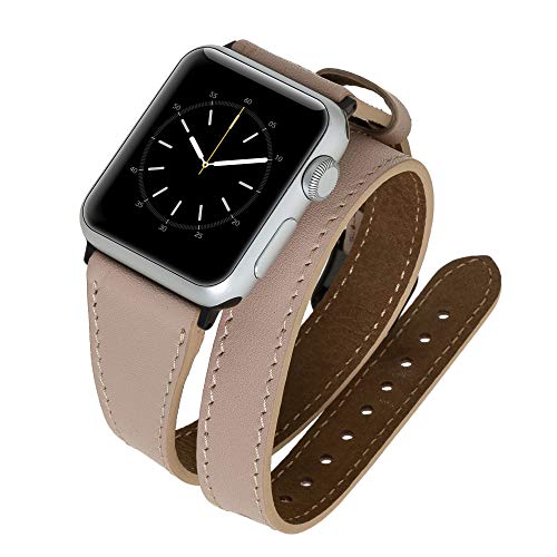Venito Serena schmales, doppelt gewickeltes Leder-Uhrenarmband, kompatibel mit Apple Watch 38 mm, 40 mm, 41 mm, iWatch Serie 1, 2, 3, 4, 5, 6, 7, SE (Nude Pink mit schwarzen Edelstahl-Hardware) von Venito