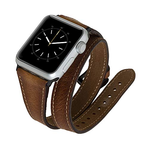 Venito Serena schmales, doppelt gewickeltes Leder-Uhrenarmband, kompatibel mit Apple Watch 42 mm, 44 mm, 45 mm – iWatch Serie 1, 2, 3, 4, 5, 6, 7, SE (Antikbraun mit schwarzen Edelstahl-Hardware von Venito