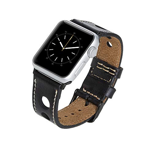 Venito Taranto Handgefertigtes Premium-Leder-Uhrenarmband, kompatibel mit der neuesten Apple Watch iWatch Serie 6 sowie Serie 1, 2, 3, 4, 5, 6, 7, SE (Rustic Black w/Black Stainless Steel Hardware, 38 von Venito