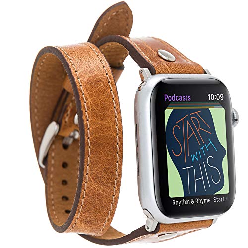 VENTA® Slim Leder Armband Twist für Apple Watch 1/2 / 3/4 / 5 Wechsel-Armband kompatibel mit Apple Watch Ersatz-Armband Echtleder (38-40mm/ Sattelbraun/DT-VA17-V18) + Adapter Set Silber von Venta Leather