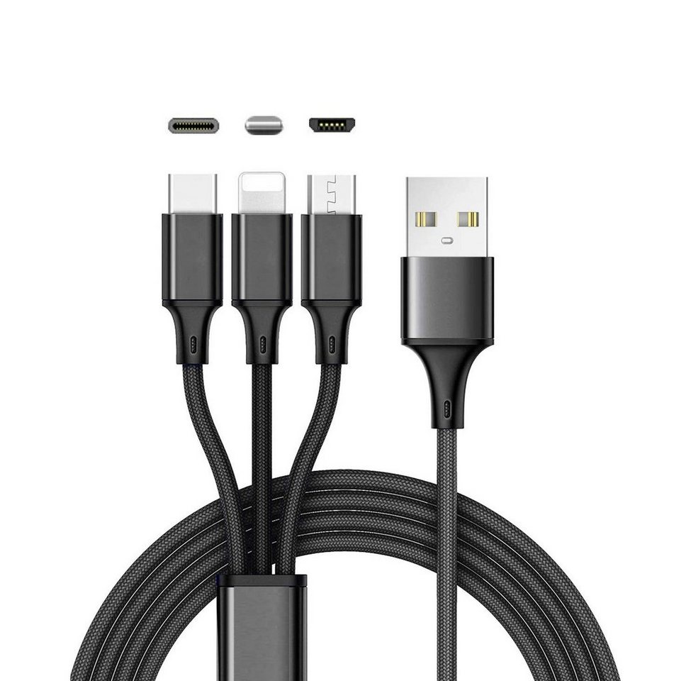 Ventarent Ladekabel 3in1 passt für iPhone 12 13 14 Pro Max Galaxy S23 S22 Ultra Smartphone-Kabel, USB-A, Lightning, Micro-USB, USB-C (120 cm), Universal Handy passt für Apple iPhone, Samsung Galaxy, Huawei, Google von Ventarent