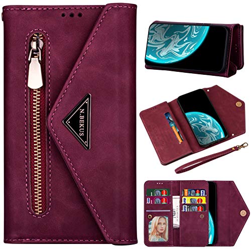 Vepbk Brieftasche Hülle für Huawei P30 Lite [nicht für P30] Handyhülle, Handytasche Case Leder Geldbörse mit Reißverschluss Kartenfach Umhängeband Wallet Cover Klapphülle für Huawei P30 Lite,Weinrot von Vepbk