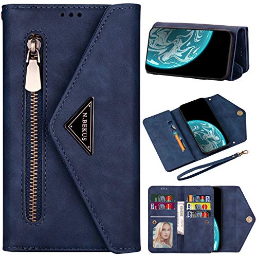 Vepbk Brieftasche Hülle für Huawei P30 Lite [nicht für P30] Handyhülle, Handytasche Case Leder Geldbörse mit Reißverschluss Kartenfach Umhängeband Wallet Cover Klapphülle für Huawei P30 Lite,Blau von Vepbk