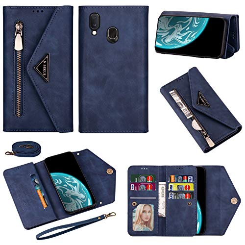 Vepbk Brieftasche Hülle für Samsung Galaxy A20E [nicht für A20] Handyhülle, Handytasche Case Leder Geldbörse mit Reißverschluss Kartenfach Umhängeband Wallet Cover Klapphülle für Galaxy A20E,Blau von Vepbk